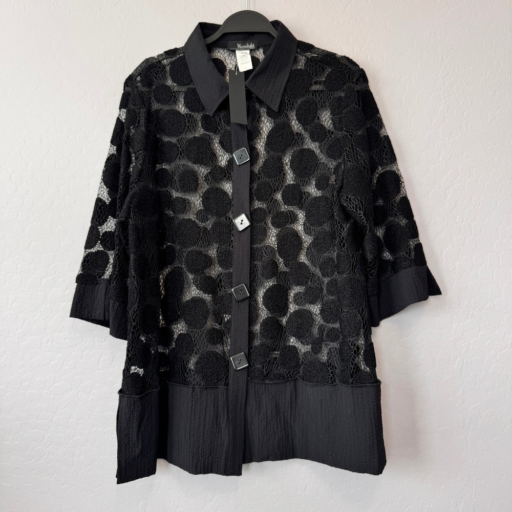 NWT Moonlight Large Button Up Shirt Black Sheer Mesh 3D Polka Dot Lagenlook 8096